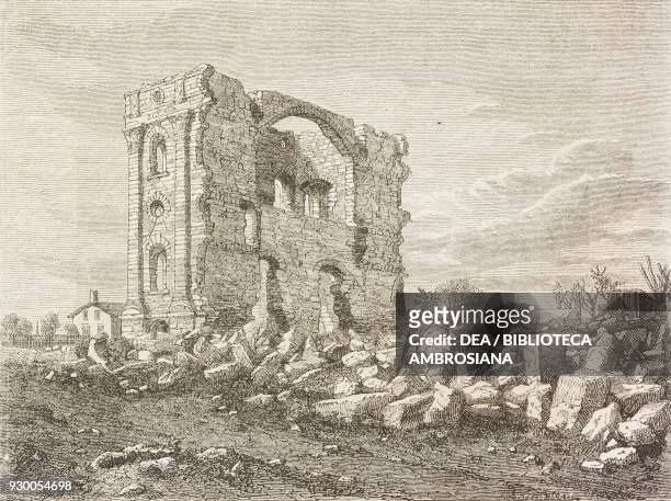 Ruins of the Nauvoo Temple, Mormon settlement, Illinois, United States of America, drawing by Francois-Fortune Ferogio from a sketch by Jules Remy ,...