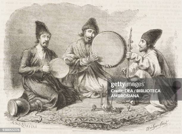 Persian musicians from Iran, drawing by Duhousset, from Hunting in Persia by Emile Duhousset , from Il Giro del mondo , Journal of geography, travel...