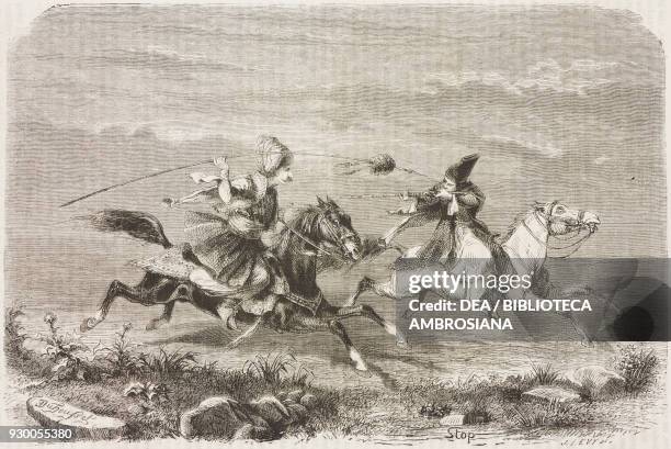 Pretend horse duel during the hunt, Iran, drawing by Duhousset, from Hunting in Persia by Emile Duhousset , from Il Giro del mondo , Journal of...