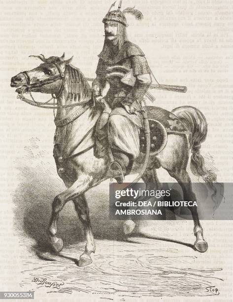 Kurdish horseman employed as an escort during the hunt, Iran, drawing by Duhousset, from Hunting in Persia by Emile Duhousset , from Il Giro del...