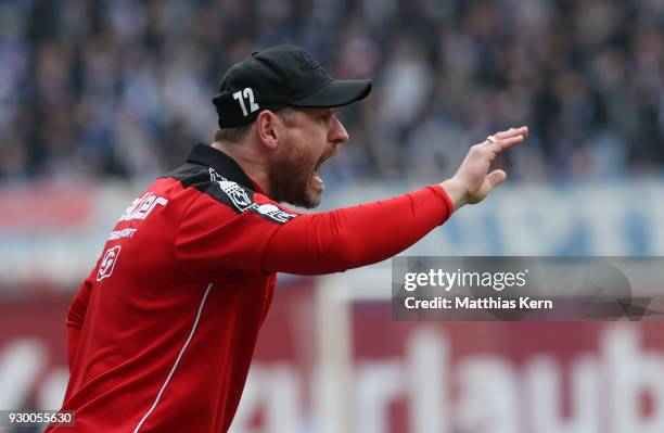 Head coach Steffen Baumgart of Paderborn gestures during the 3.Liga match between FC Hansa Rostock and SC Paderborn 07 at Ostseestadion on March 10,...