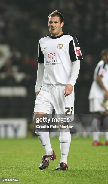 Peter Leven of MK Dons in action during the Johnstone's Paint Trophy Southern Area Quarter Final Match between MK Dons and Northampton Town at...