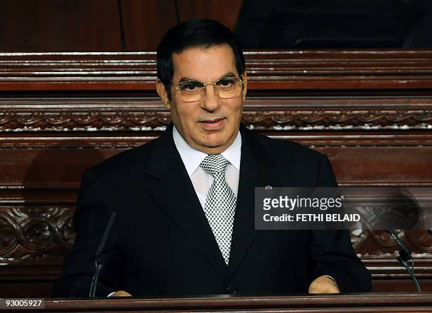 Tunisian President Zine El-Abidine Ben Ali speaks on November 12, 2009 at the parliament in Tunis after swearing in for a fifth term following his...