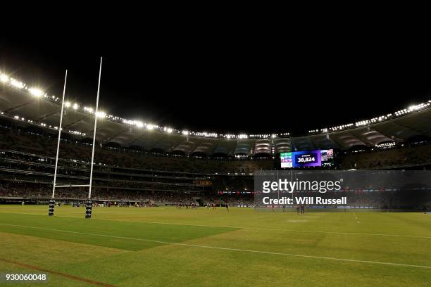 General view of play during the round one NRL match between the Canterbury Bulldogs and the Melbourne Storm at Optus Stadium on March 10, 2018 in...