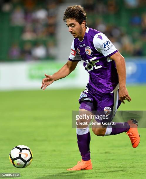 Jacob Italiano of the Glory runs the ball during the round 22 A-League match between the Perth Glory and the Central Coast Mariners at nib Stadium on...