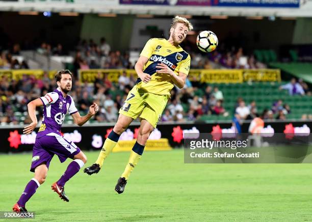 Andrew Hoole of the Mariners heads the ball during the round 22 A-League match between the Perth Glory and the Central Coast Mariners at nib Stadium...