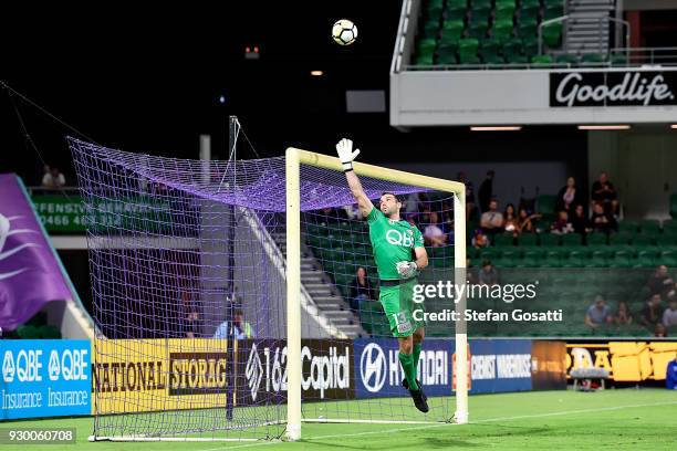 Nick Feely of the Glory leaps to protect the goal during the round 22 A-League match between the Perth Glory and the Central Coast Mariners at nib...