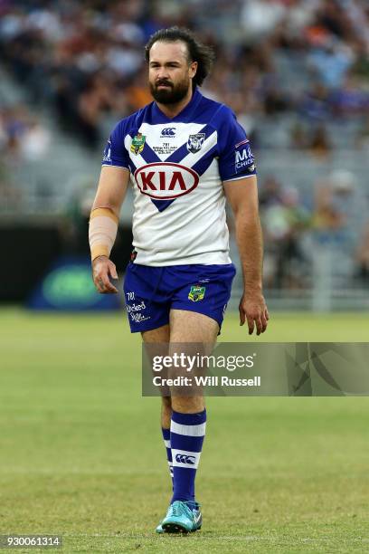 Aaron Woods of the Bulldogs looks on during the round one NRL match between the Canterbury Bulldogs and the Melbourne Storm at Optus Stadium on March...