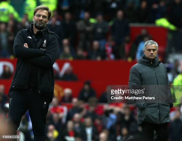 Manager Jurgen Klopp of Liverpool watches from the touchline during the Premier League match between Manchester United and Liverpool at Old Trafford...