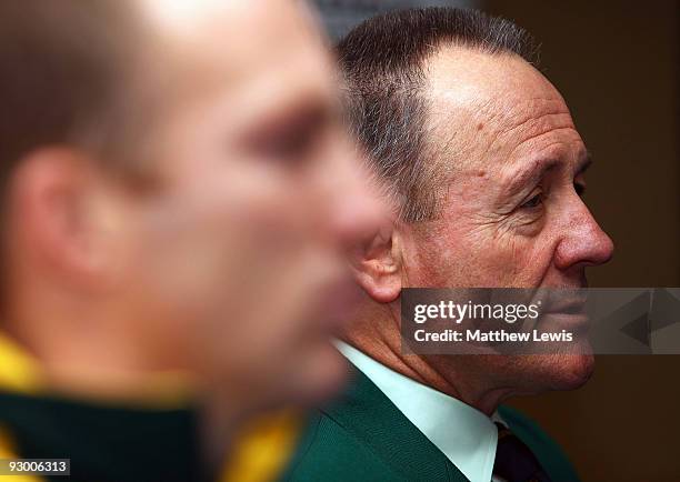 Tim Sheens, Coach of the VB Kangaroos Australian Rugby League Team pictured during a press conference ahead of the Gillette Four Nations Final at...