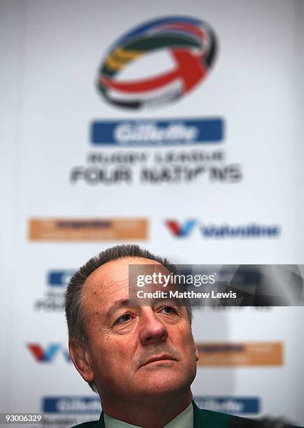 Tim Sheens, Coach of the VB Kangaroos Australian Rugby League Team pictured during a press conference ahead of the Gillette Four Nations Final at...