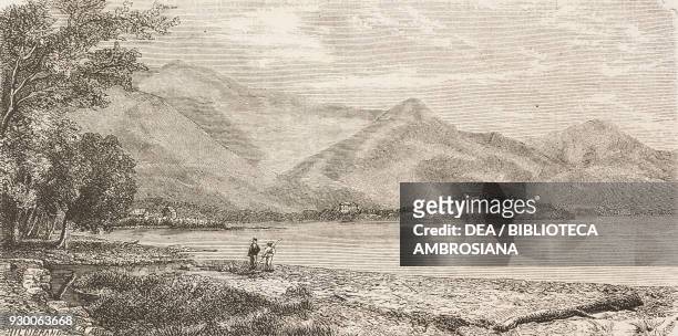 Mountains on Nuku Hiva island with Taio-Hae bay in the background, French Polynesia, drawing by A Bernard from a photograph, from The Archipelago of...