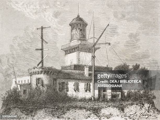Semaphore station and lighthouse of Agde, Herault, drawing by Hubert Clerget from a sketch by the authors, from Storms and Shipwrecks, 1870-1874, by...