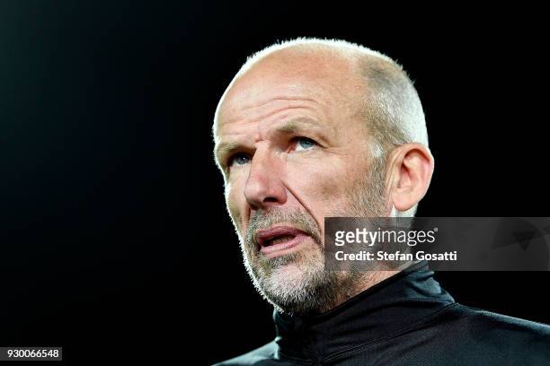 Kenny Lowe, coach of Perth Glory during the round 22 A-League match between the Perth Glory and the Central Coast Mariners at nib Stadium on March...