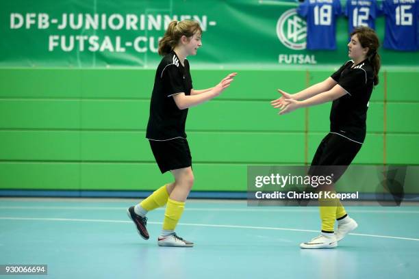 Daniela Mittag of Zwickau celebrates the second goal with Lara Klitzsch of Zwickau during the second semi final match between SG SV...