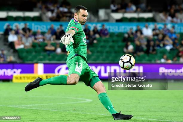 Nick Feely of the Glory kicks the ball during the round 22 A-League match between the Perth Glory and the Central Coast Mariners at nib Stadium on...