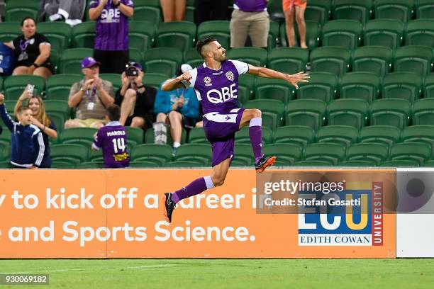 Xavi Torres of the Glory celebrates scoring a goal during the round 22 A-League match between the Perth Glory and the Central Coast Mariners at nib...