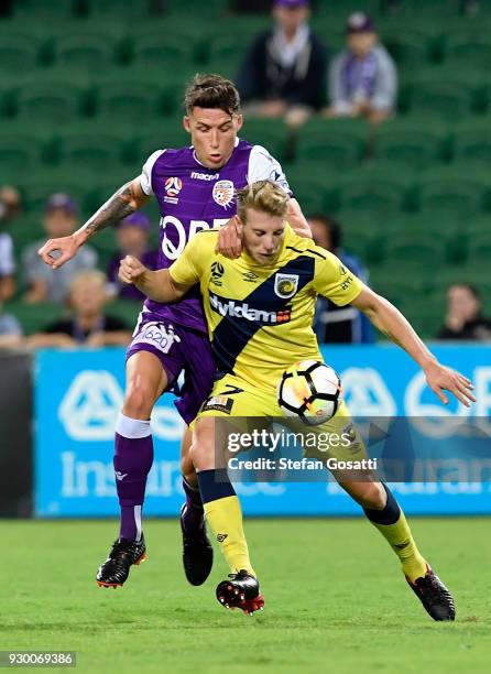 Andrew Hoole of the Mariners competes for the ball during the round 22 A-League match between the Perth Glory and the Central Coast Mariners at nib...