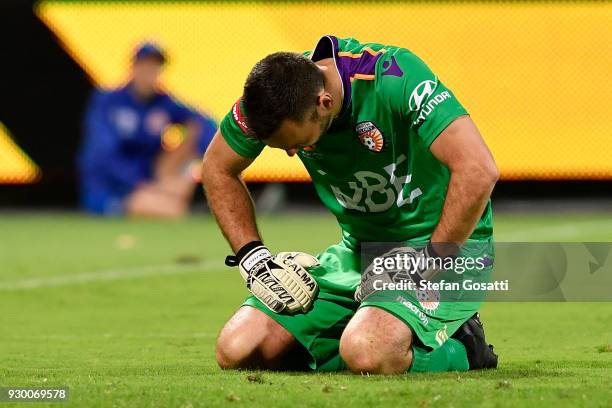 Nick Feely of the Glory reacts after the Mariners scored during the round 22 A-League match between the Perth Glory and the Central Coast Mariners at...