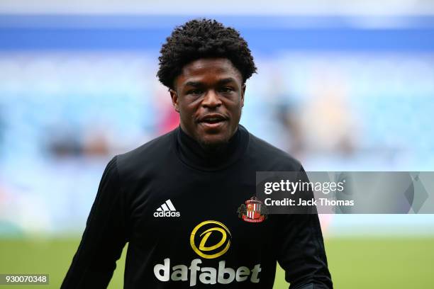 Josh Maja of Sunderland warms up ahead of the Sky Bet Championship match between QPR and Sunderland at Loftus Road on March 10, 2018 in London,...