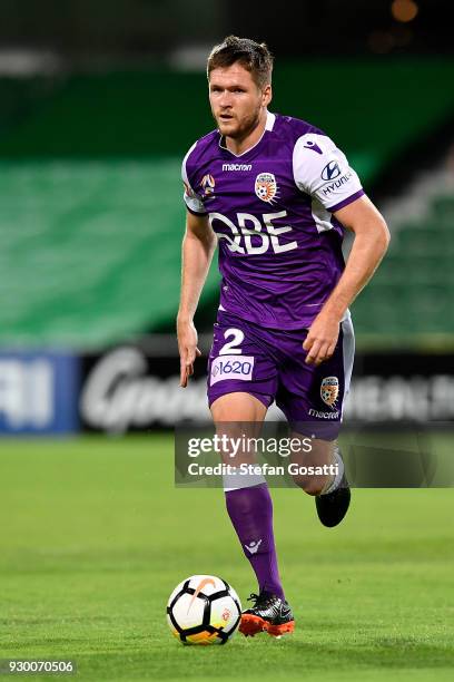 Alex Grant of the Glory runs the ball during the round 22 A-League match between the Perth Glory and the Central Coast Mariners at nib Stadium on...