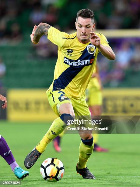 Storm Roux of the Mariners runs the ball during the round 22 A-League match between the Perth Glory and the Central Coast Mariners at nib Stadium on...