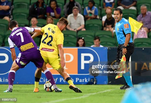 Scott Edeling, assistant referee looks on during the round 22 A-League match between the Perth Glory and the Central Coast Mariners at nib Stadium on...