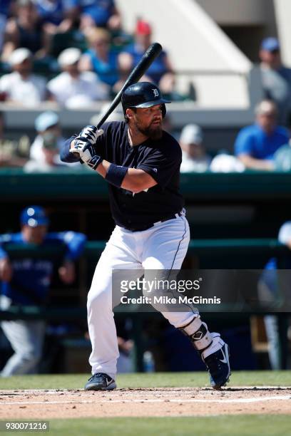 Derek Norris of the Detroit Tigers bats during the Spring Training game against the Toronto Blue Jays at Joker Marchant Stadium on March 7, 2018 in...