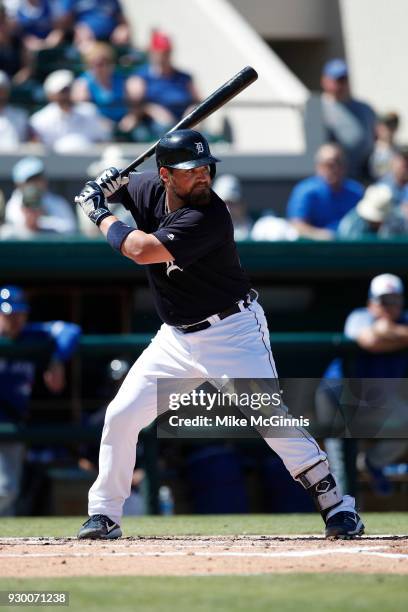 Derek Norris of the Detroit Tigers bats during the Spring Training game against the Toronto Blue Jays at Joker Marchant Stadium on March 7, 2018 in...