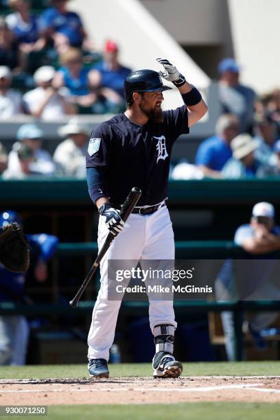 Derek Norris of the Detroit Tigers bats during the Spring Training game against the Toronto Blue Jays at Joker Marchant Stadium on March 7, 2018 in...