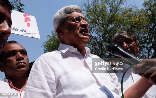 Former Communist Party of India CPI General Secretary Prakash Karat speaks to the press after addressing Left workers and supporters at Parliament...