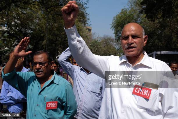 Members of the Communist Party of India CPI and other Leftist parties protest against Bhartiya Janta Party in New Delhi, India on March 9 claiming...