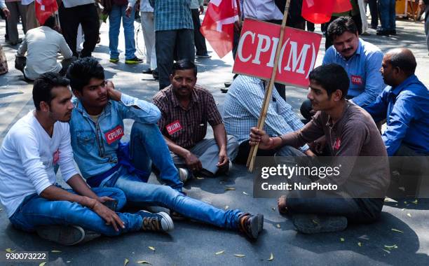 Members of the Communist Party of India CPI and other Leftist parties protest against Bhartiya Janta Party in New Delhi, India on March 9 claiming...