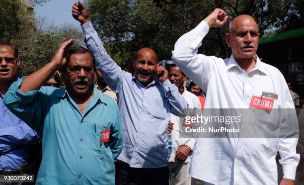 Members of the Communist Party of India CPI and other Leftist parties protest against Bhartiya Janta Party in New Delhi, India on March 9 claiming...