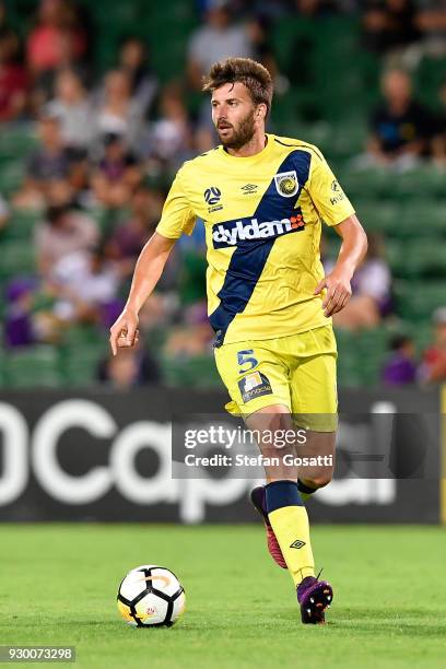 Antony Golec of the Mariners runs the ball during the round 22 A-League match between the Perth Glory and the Central Coast Mariners at nib Stadium...