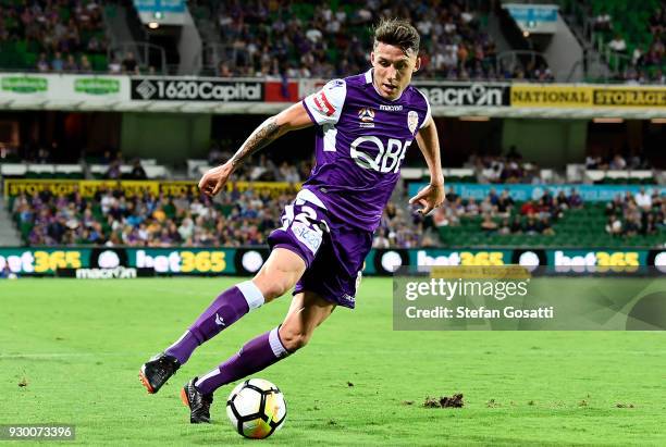 Scott Neville of the Glory runs the ball during the round 22 A-League match between the Perth Glory and the Central Coast Mariners at nib Stadium on...