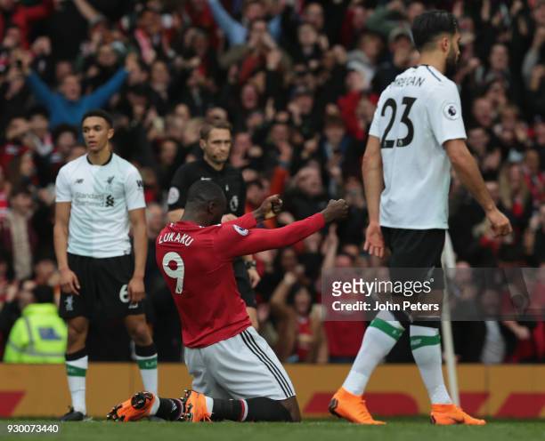 Romelu Lukaku of Manchester United celebrates Marcus Rashford scoring their second goal during the Premier League match between Manchester United and...