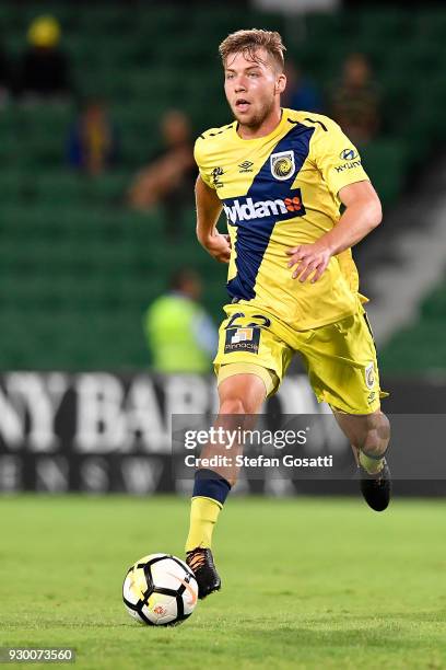 Jacob Melling of the Mariners runs the ball during the round 22 A-League match between the Perth Glory and the Central Coast Mariners at nib Stadium...