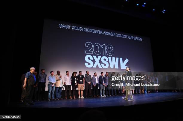 The cast and crew of "Support The Girls" takes part in a Q&A moderated by SXSW co-founder Louis Black following the premiere for the movie during the...