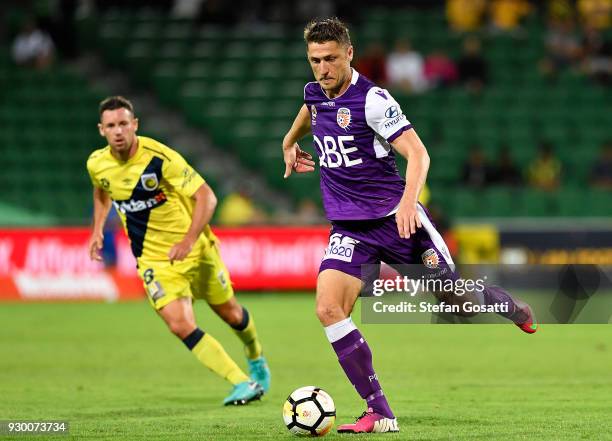 Dino Djulbic of the Glory kicks the ball during the round 22 A-League match between the Perth Glory and the Central Coast Mariners at nib Stadium on...