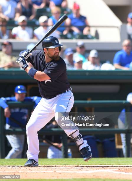Derek Norris of the Detroit Tigers bats during the Spring Training game against the Toronto Blue Jays at Publix Field at Joker Marchant Stadium on...