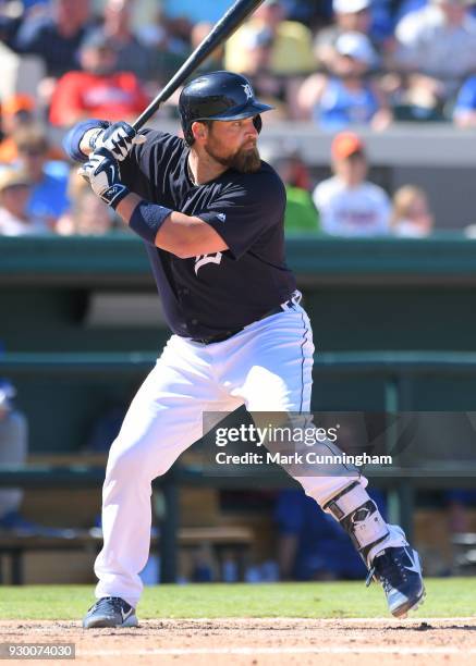 Derek Norris of the Detroit Tigers bats during the Spring Training game against the Toronto Blue Jays at Publix Field at Joker Marchant Stadium on...