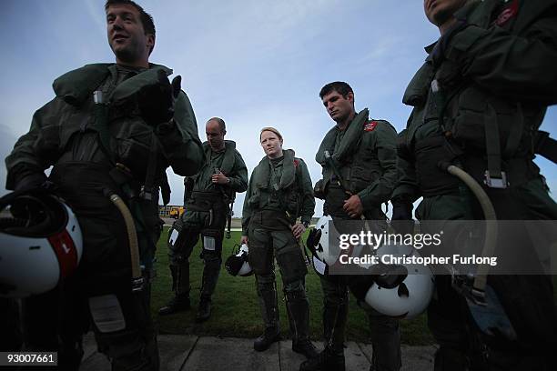 Flight Lieutenant Kirsty Moore , the first ever female Red Arrows pilot, takes part in a debrief with other arrows pilots during the launch of the...