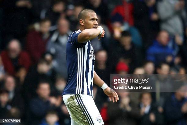 Jose Salomon Rondon of West Bromwich Albion celebrates scoring his side's first goal during the Premier League match between West Bromwich Albion and...