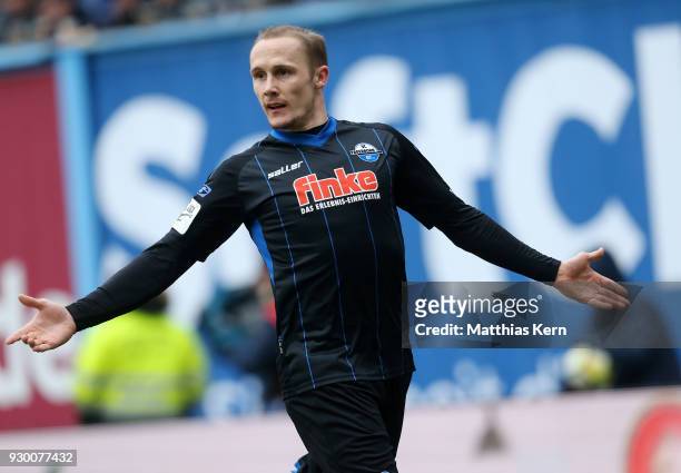 Sven Michel of Paderborn jubilates after scoring the fourth goal during the 3.Liga match between FC Hansa Rostock and SC Paderborn 07 at...