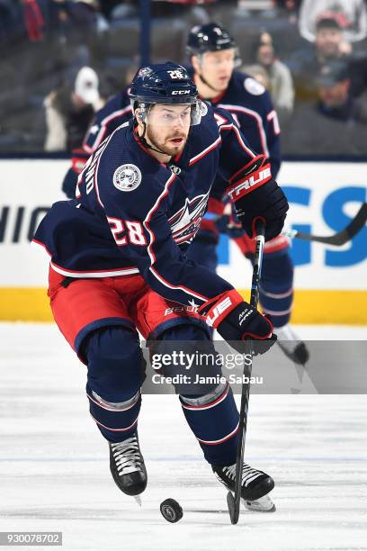 Oliver Bjorkstrand of the Columbus Blue Jackets skates against the Colorado Avalanche on March 8, 2018 at Nationwide Arena in Columbus, Ohio.