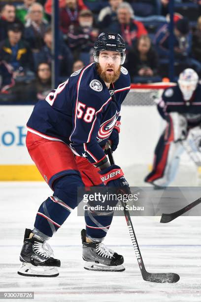 David Savard of the Columbus Blue Jackets skates against the Colorado Avalanche on March 8, 2018 at Nationwide Arena in Columbus, Ohio.