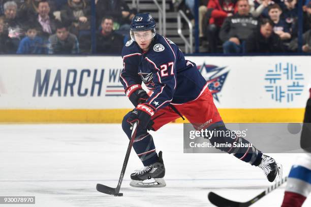 Ryan Murray of the Columbus Blue Jackets skates against the Colorado Avalanche on March 8, 2018 at Nationwide Arena in Columbus, Ohio.