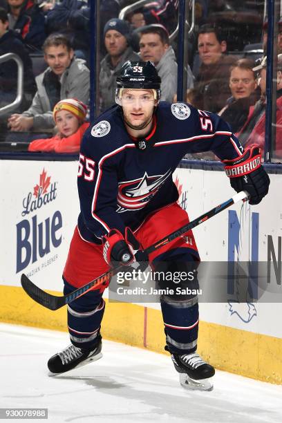 Mark Letestu of the Columbus Blue Jackets skates against the Colorado Avalanche on March 8, 2018 at Nationwide Arena in Columbus, Ohio.