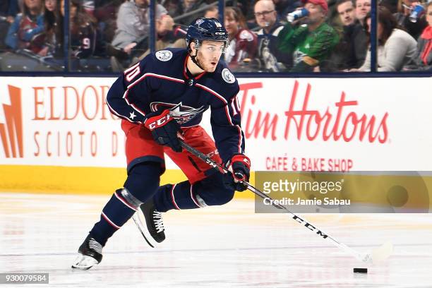 Alexander Wennberg of the Columbus Blue Jackets skates against the Colorado Avalanche on March 8, 2018 at Nationwide Arena in Columbus, Ohio.